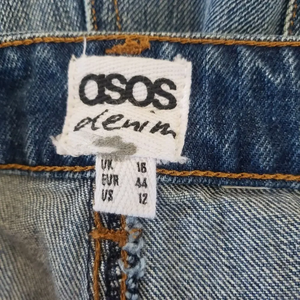 Asos denim jeans shorts distressed high waisted mom rolled hem size 12